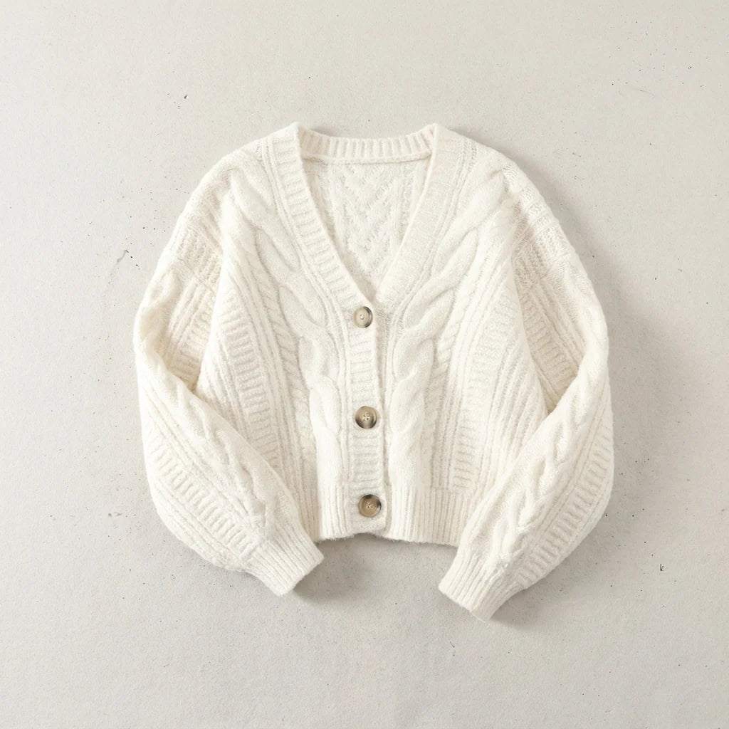 Women's cropped cable knit cardigan with V-neck, photo 1