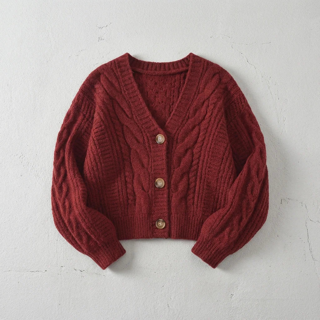 Women's cropped cable knit cardigan with V-neck, photo 3