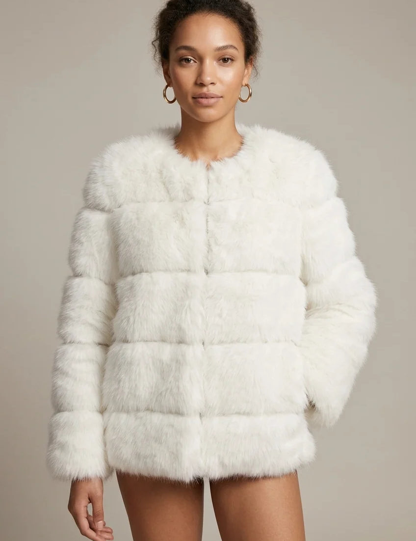 Women's cropped faux fur jacket with tiered design, photo 1