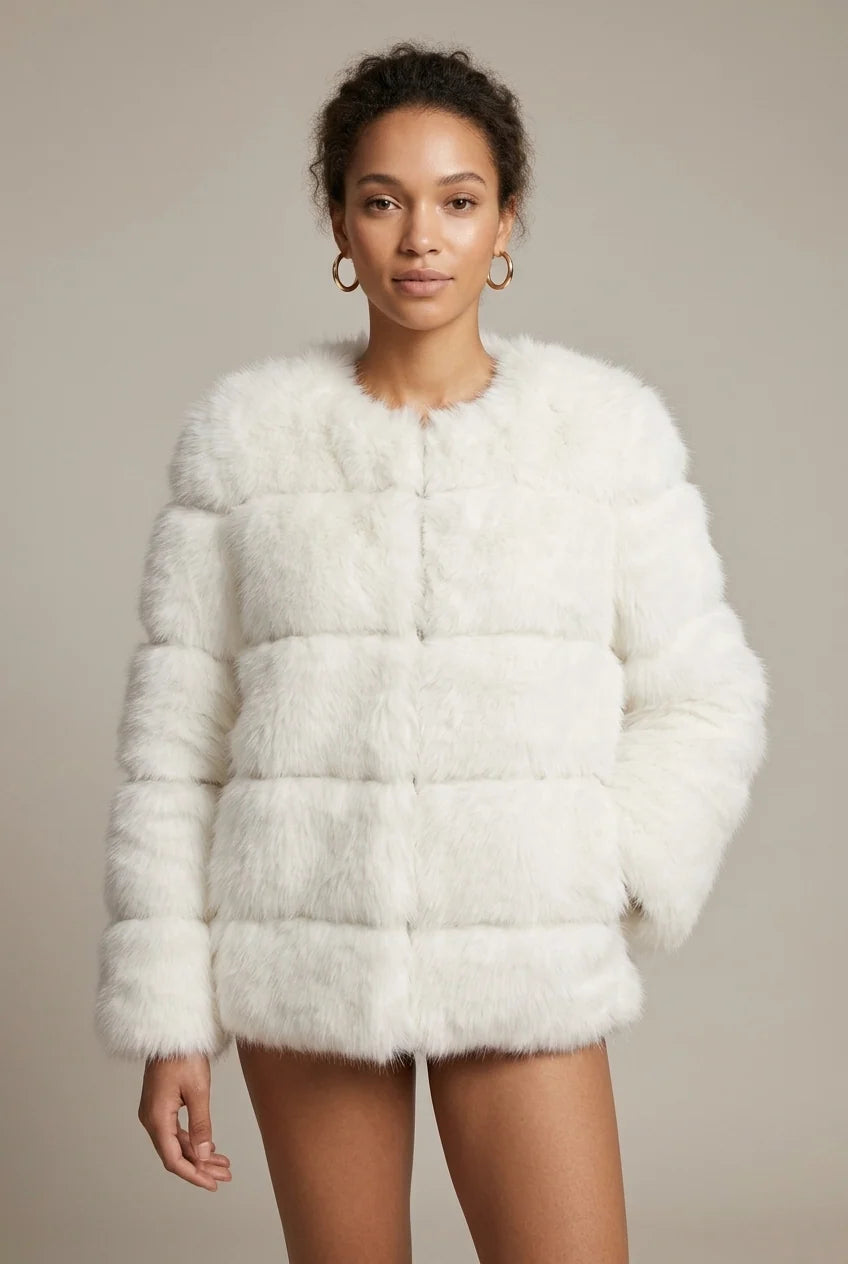 Women's cropped faux fur jacket with tiered design, photo 1