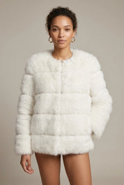 Women's cropped faux fur jacket with tiered design, photo 1
