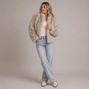 Women's faux fur jacket with round neck, photo 1