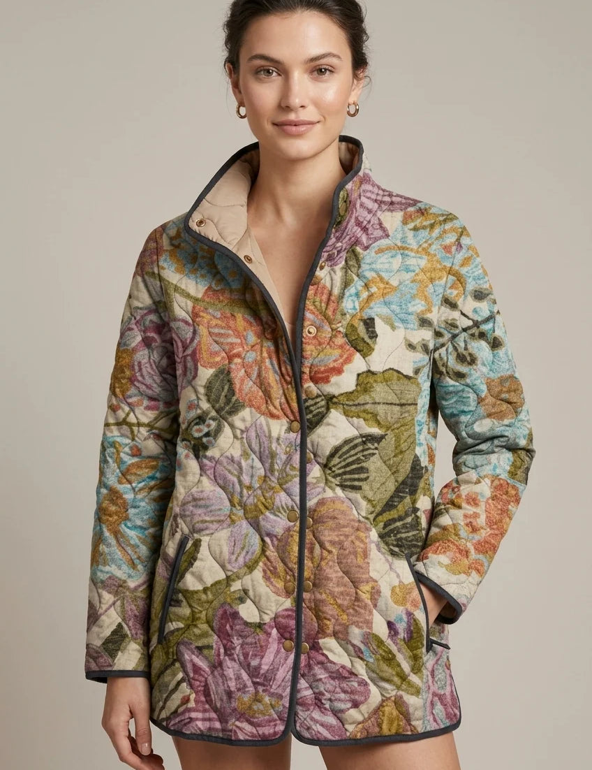 Women's floral puffer jacket with stand collar and pockets, photo 1