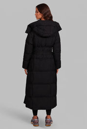 Women's long puffer coat with detachable hood and belt, photo 10