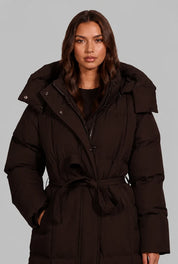 Women's long puffer coat with detachable hood and belt, photo 3
