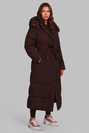 Women's long puffer coat with detachable hood and belt, photo 4