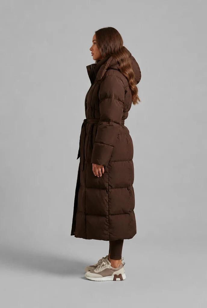 Women's long puffer coat with detachable hood and belt, photo 5