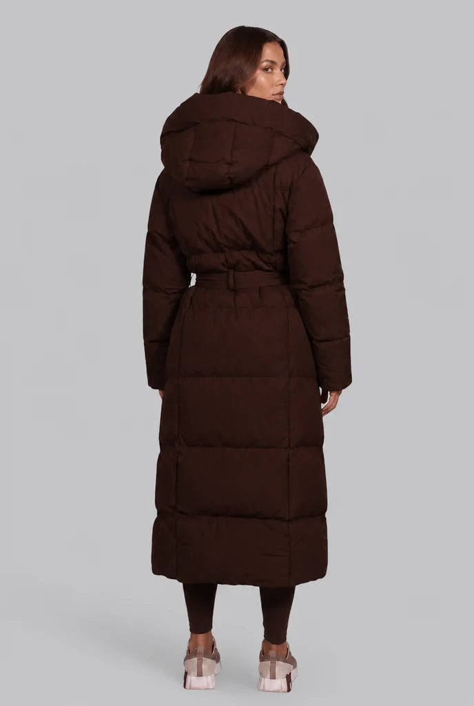 Women's long puffer coat with detachable hood and belt, photo 6