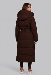 Women's long puffer coat with detachable hood and belt, photo 6