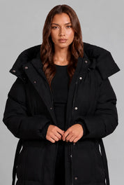 Women's long puffer coat with detachable hood and belt, photo 7