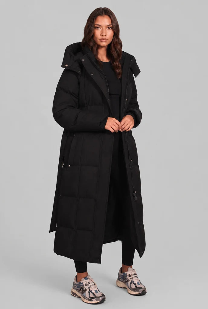 Women's long puffer coat with detachable hood and belt, photo 8