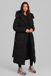 Women's long puffer coat with detachable hood and belt, photo 8