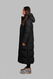 Women's long puffer coat with detachable hood and belt, photo 9