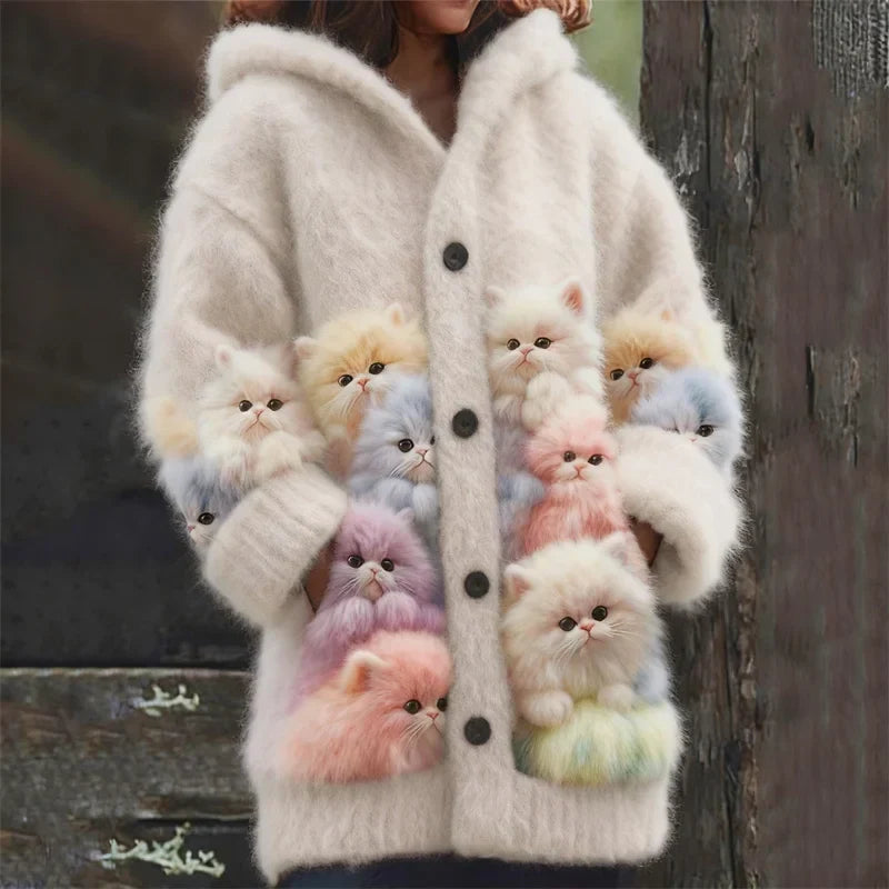 Women's mohair cardigan with hood and cat appliqué, photo 1