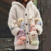 Women's mohair cardigan with hood and cat appliqué