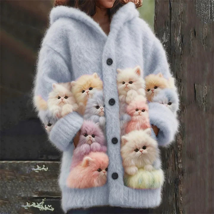 Women's mohair cardigan with hood and cat appliqué, photo 2