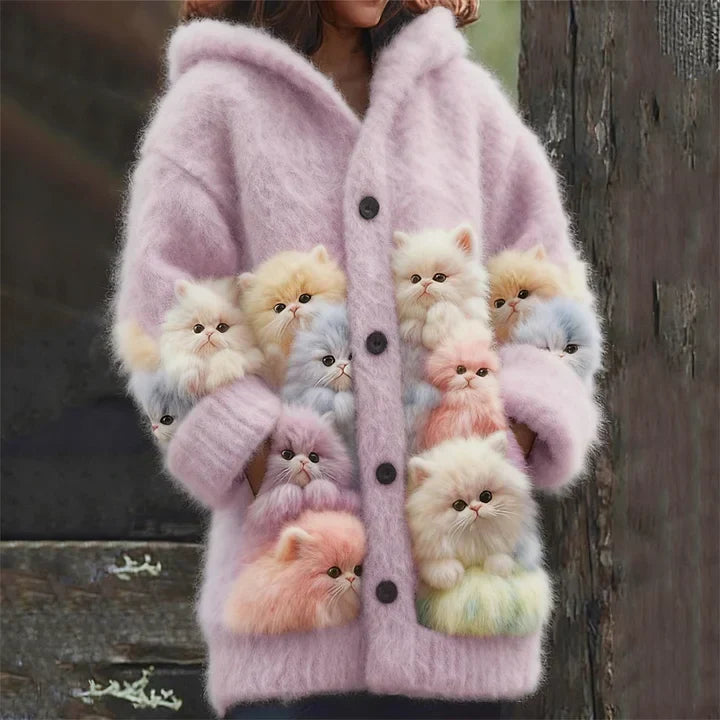 Women's mohair cardigan with hood and cat appliqué, photo 5