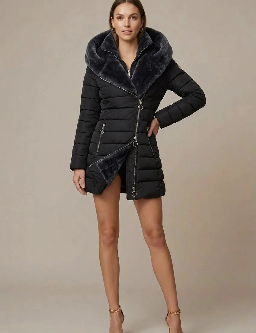 Women's puffer jacket with hood and faux fur lining, photo 1