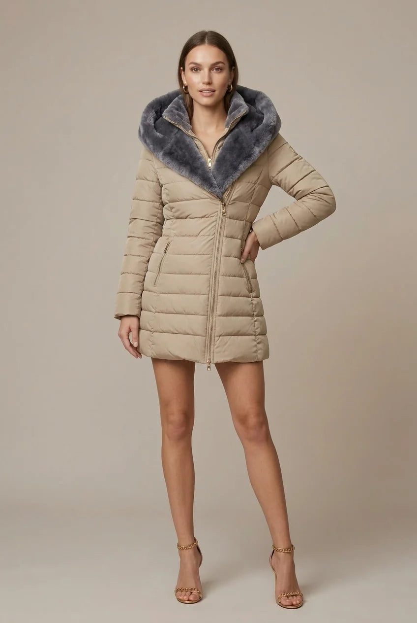 Women's puffer jacket with hood and faux fur lining, photo 2