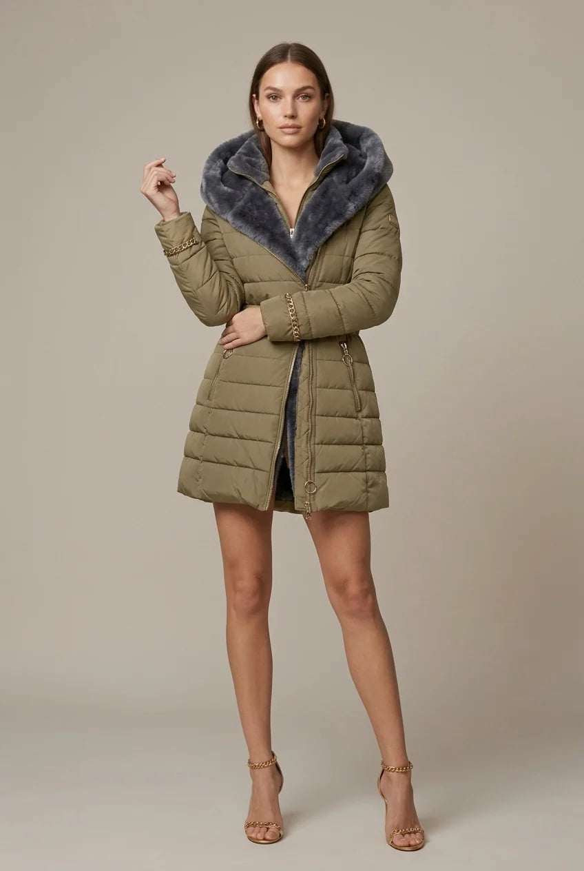 Women's puffer jacket with hood and faux fur lining, photo 4