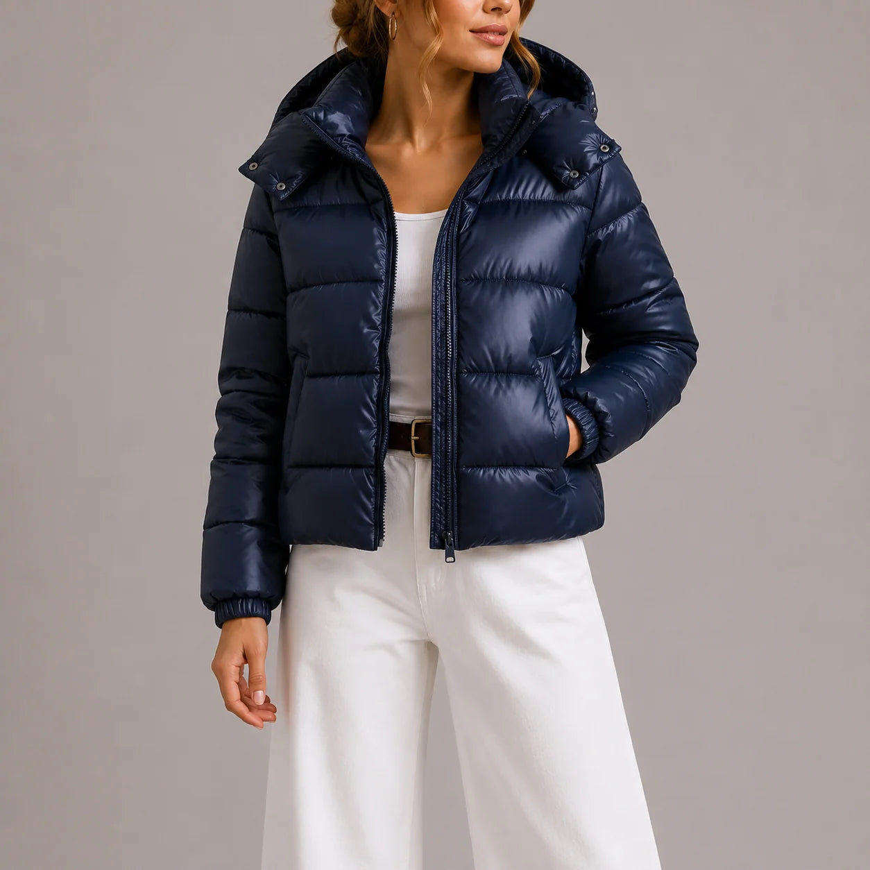 Women's puffer jacket with hood and zip pockets, photo 2