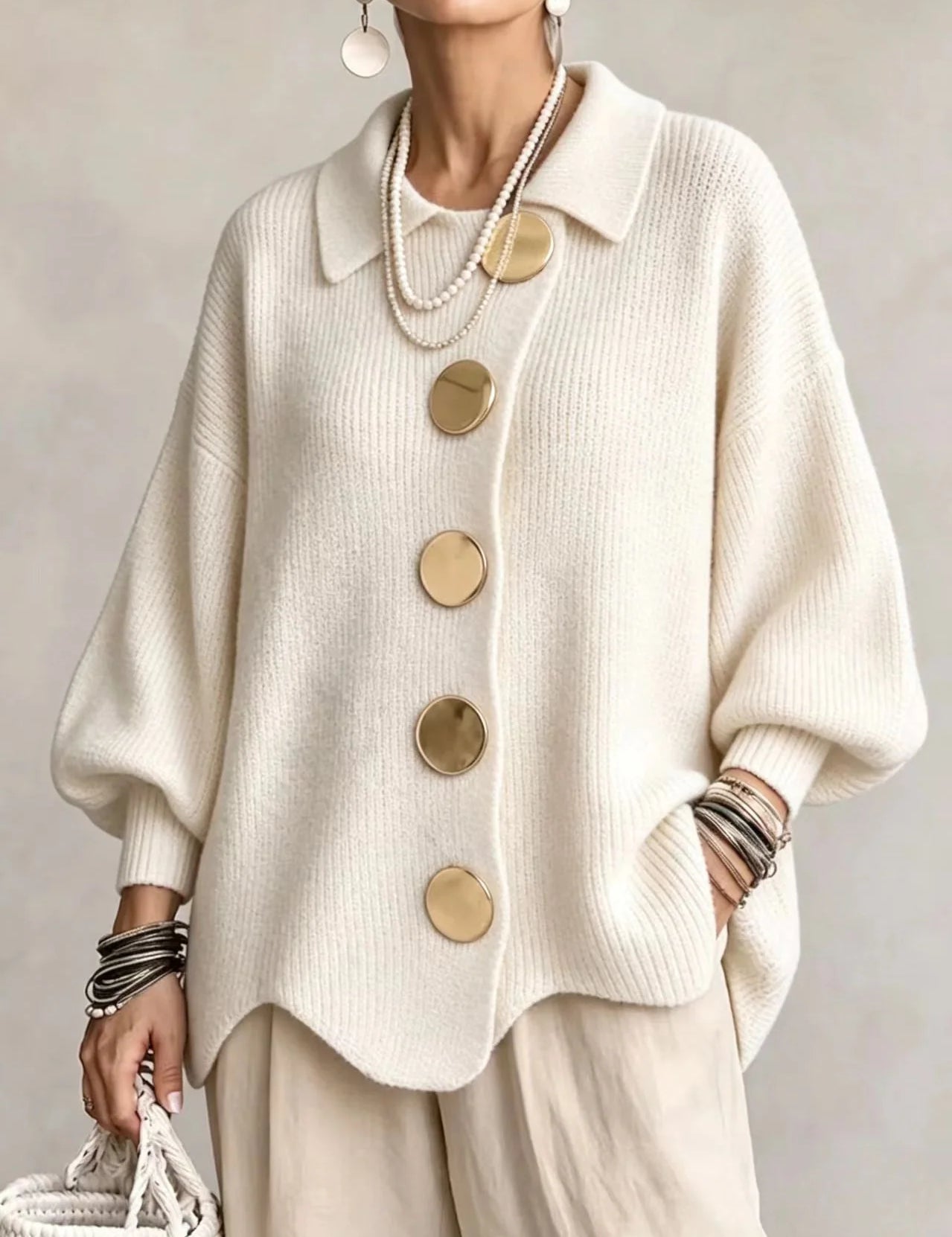 Women's ribbed knit cardigan with collar and balloon sleeves, photo 1