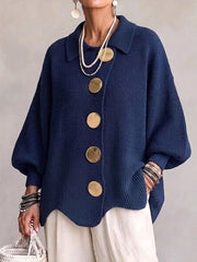 Women's ribbed knit cardigan with collar and balloon sleeves