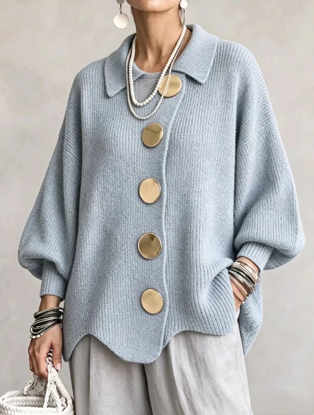 Women's ribbed knit cardigan with collar and balloon sleeves, photo 3