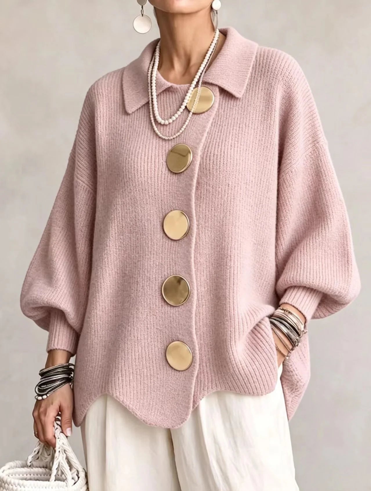 Women's ribbed knit cardigan with collar and balloon sleeves, photo 5