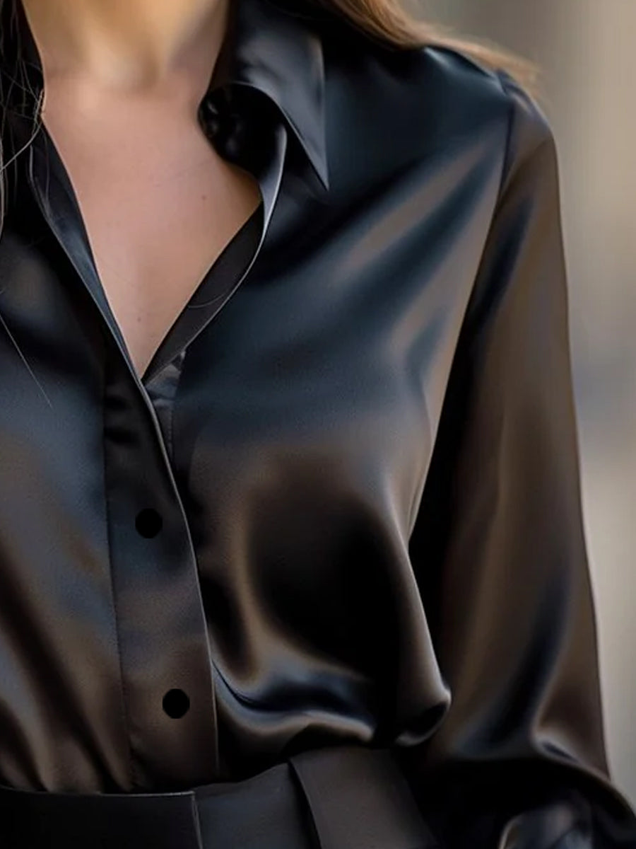 Satijnlook blouse dames losvallend met klassieke kraag