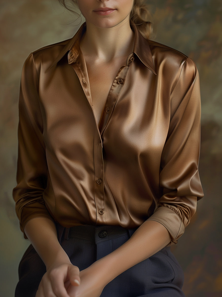 Satijnlook blouse dames losvallend met klassieke kraag