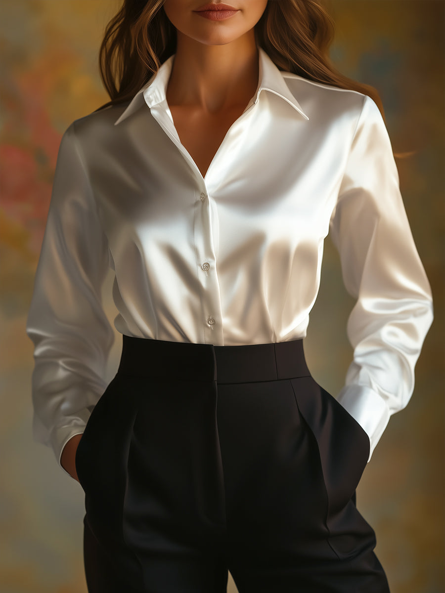 Satijnlook blouse dames losvallend met klassieke kraag