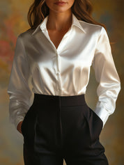 Satijnlook blouse dames losvallend met klassieke kraag
