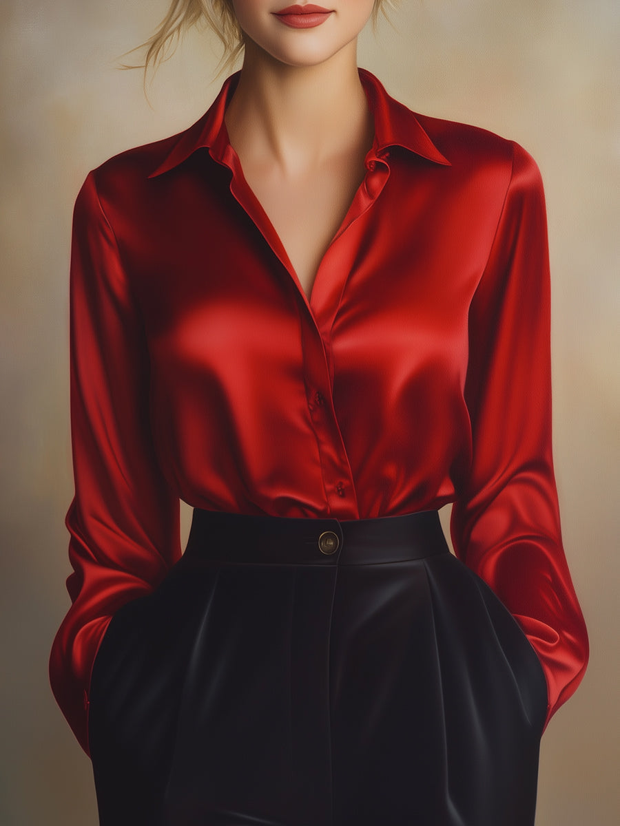 Satijnlook blouse dames losvallend met klassieke kraag