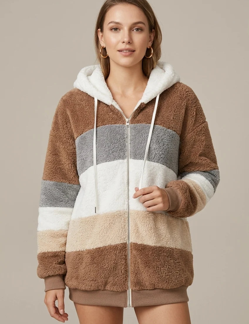 Women's striped fleece hoodie with zip and hood, photo 1