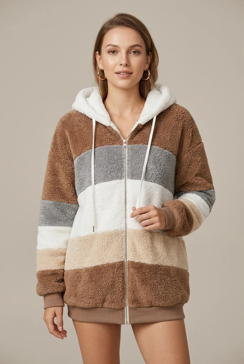 Women's striped fleece hoodie with zip and hood, photo 1