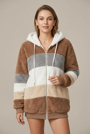 Women's striped fleece hoodie with zip and hood, photo 1