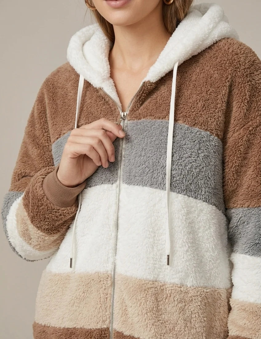 Women's striped fleece hoodie with zip and hood, photo 2