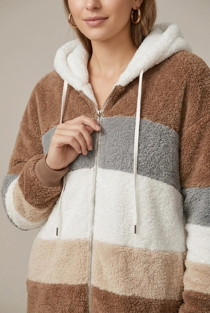 Women's striped fleece hoodie with zip and hood, photo 2