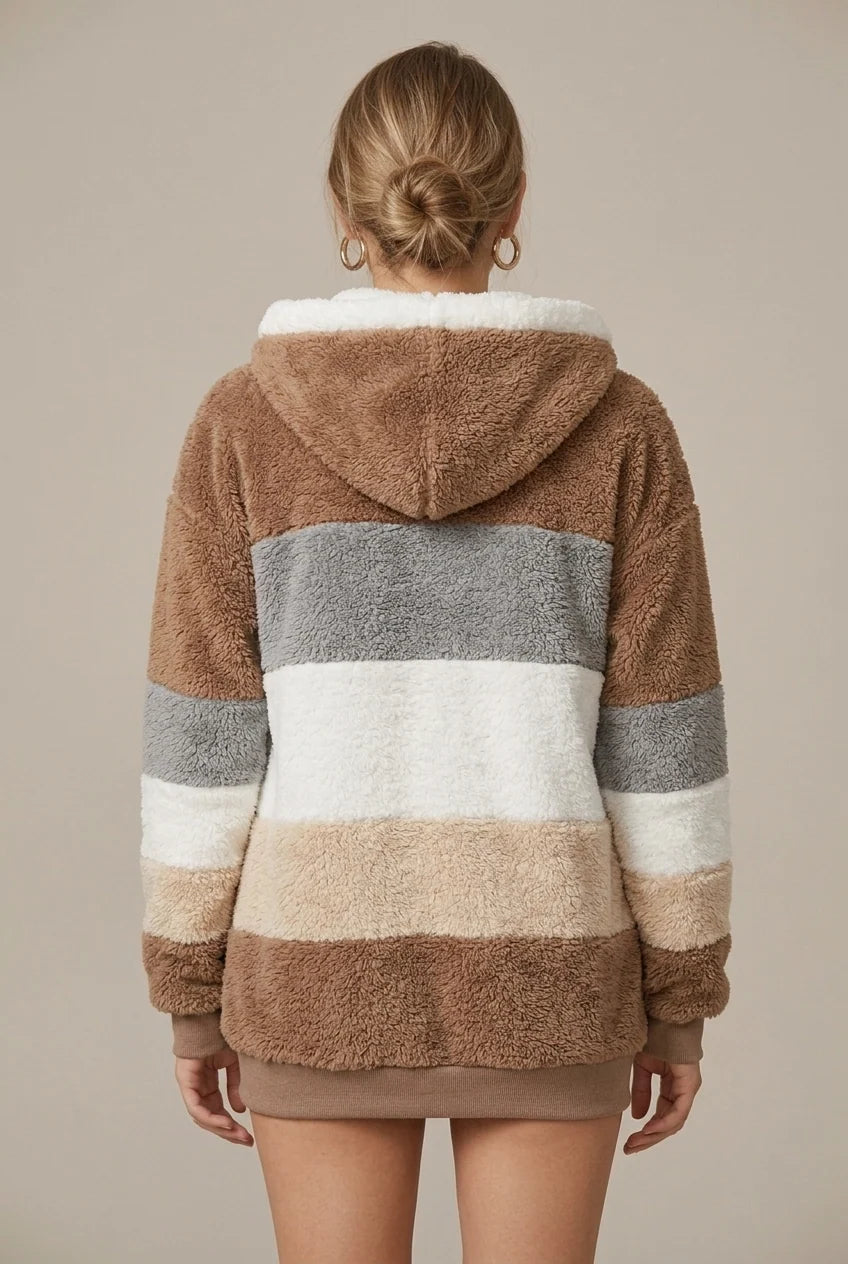Women's striped fleece hoodie with zip and hood, photo 3
