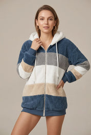 Women's striped fleece hoodie with zip and hood, photo 4