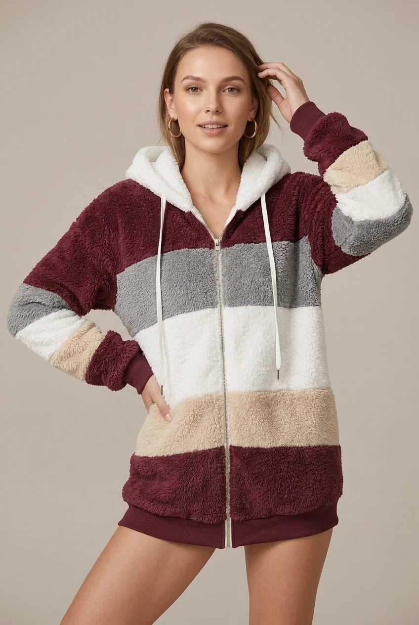 Women's striped fleece hoodie with zip and hood, photo 5