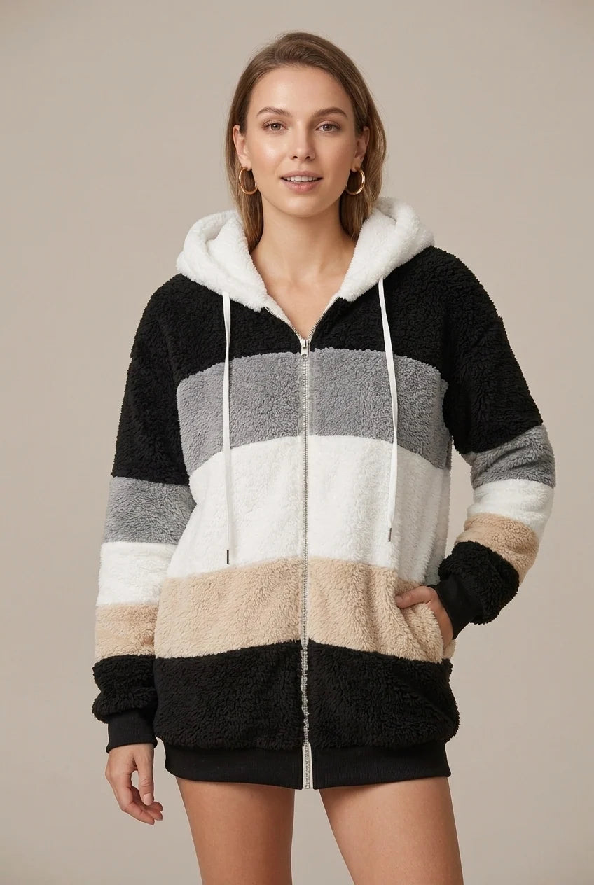 Women's striped fleece hoodie with zip and hood, photo 6