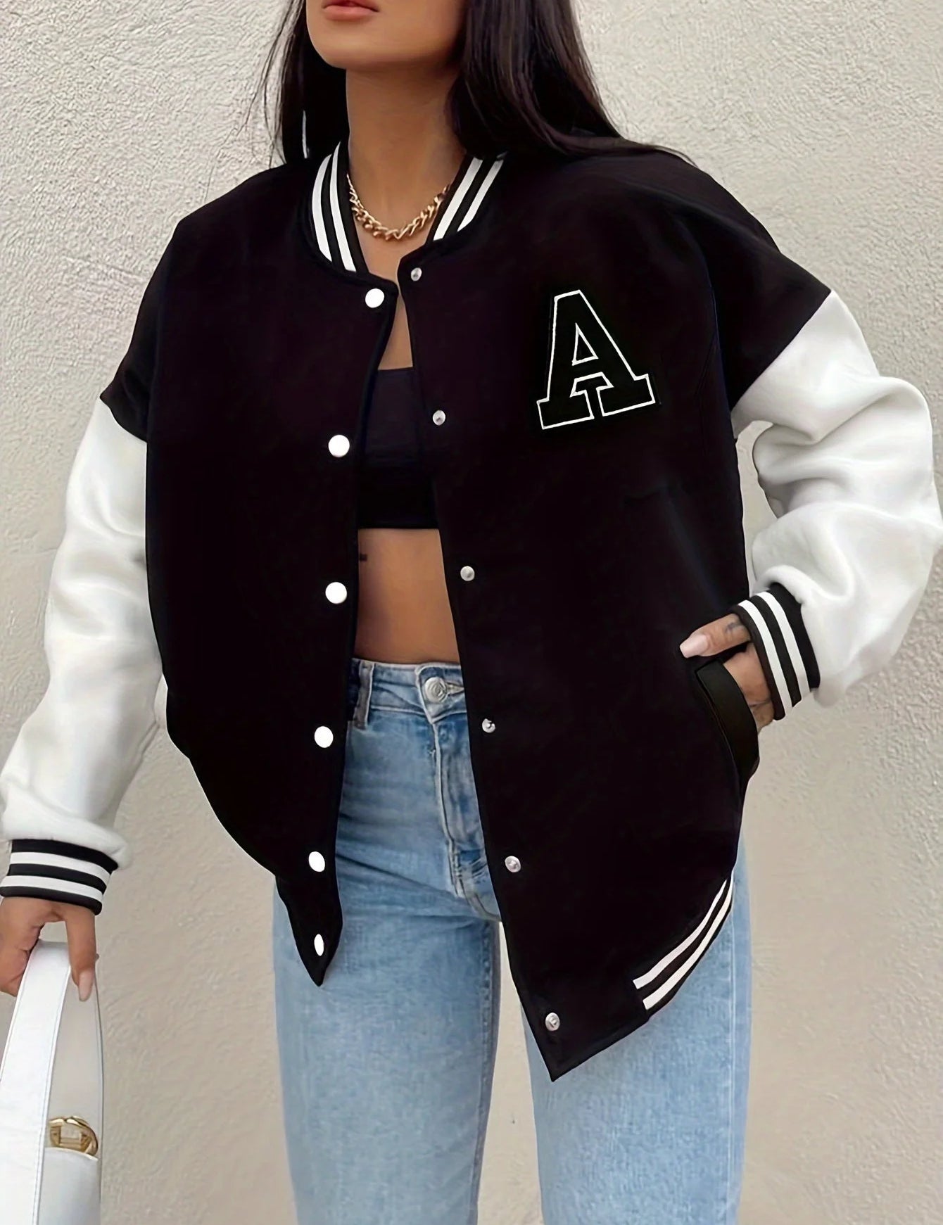 Women's varsity bomber jacket with contrast sleeves, photo 1