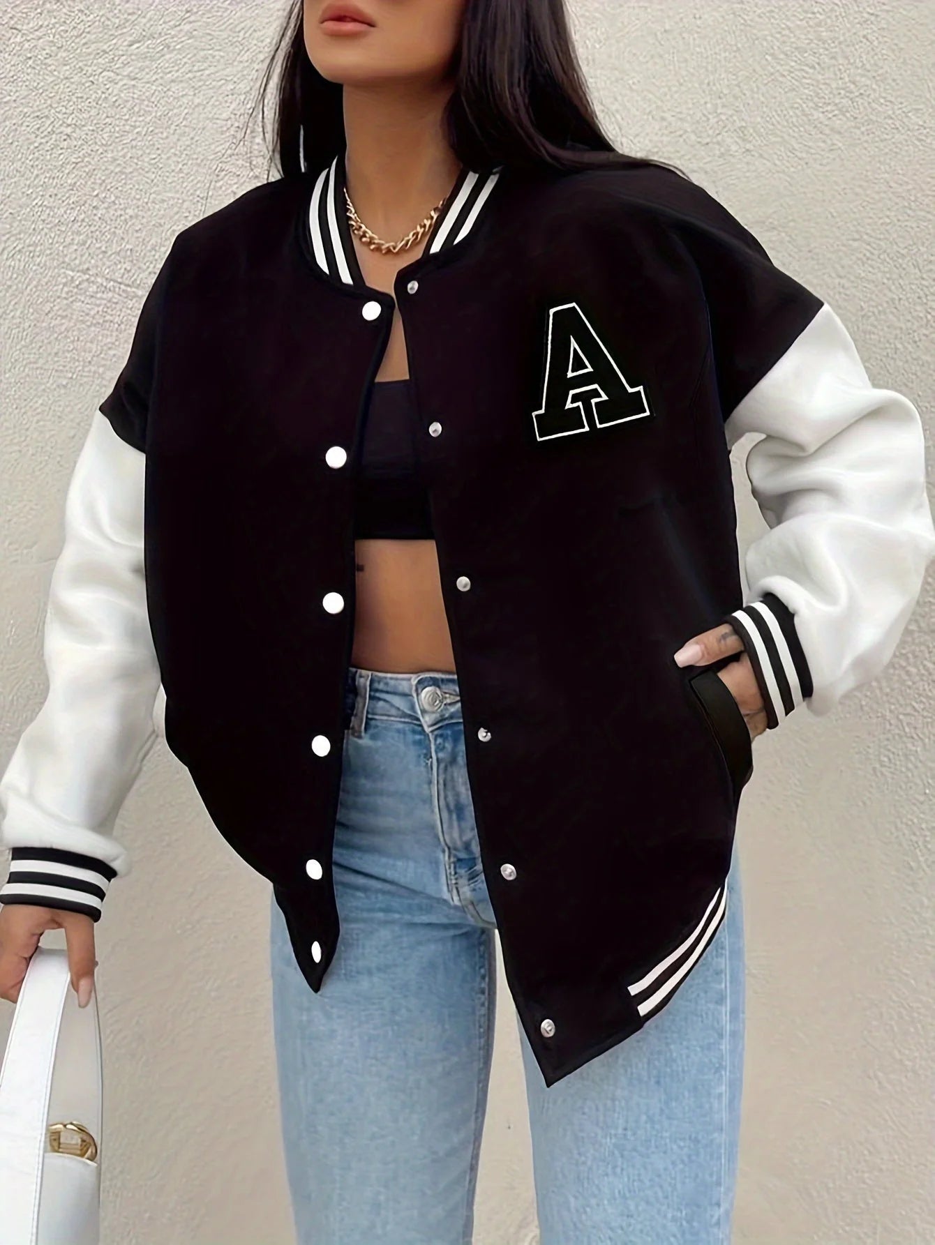 Women's varsity bomber jacket with contrast sleeves, photo 1