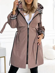 Women's Hooded Parka with Drawstring Waist and Checked Lining