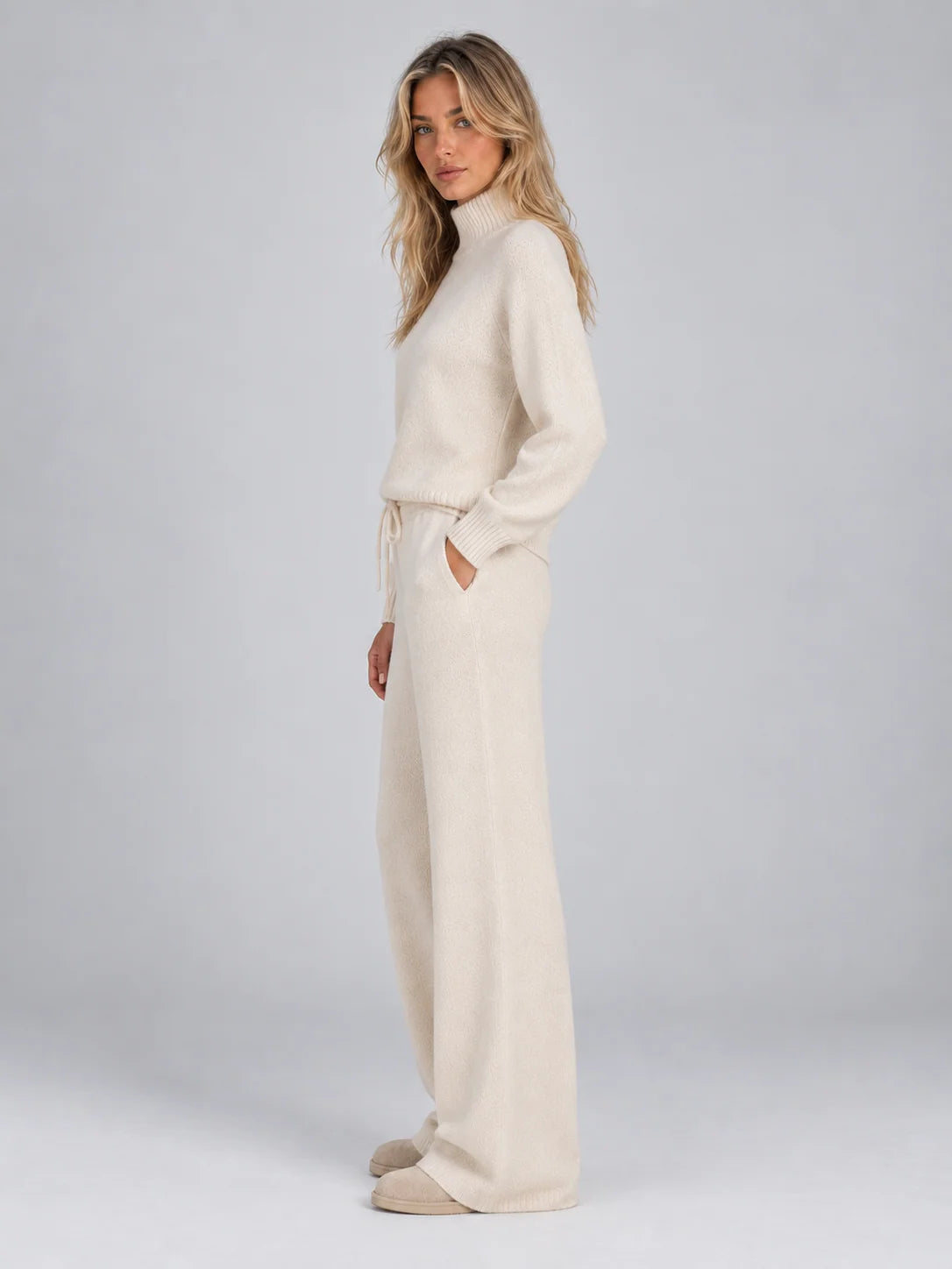 Women's wool co-ord set with roll neck jumper and wide leg trousers