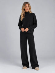 Women's wool co-ord set with roll neck jumper and wide leg trousers in black