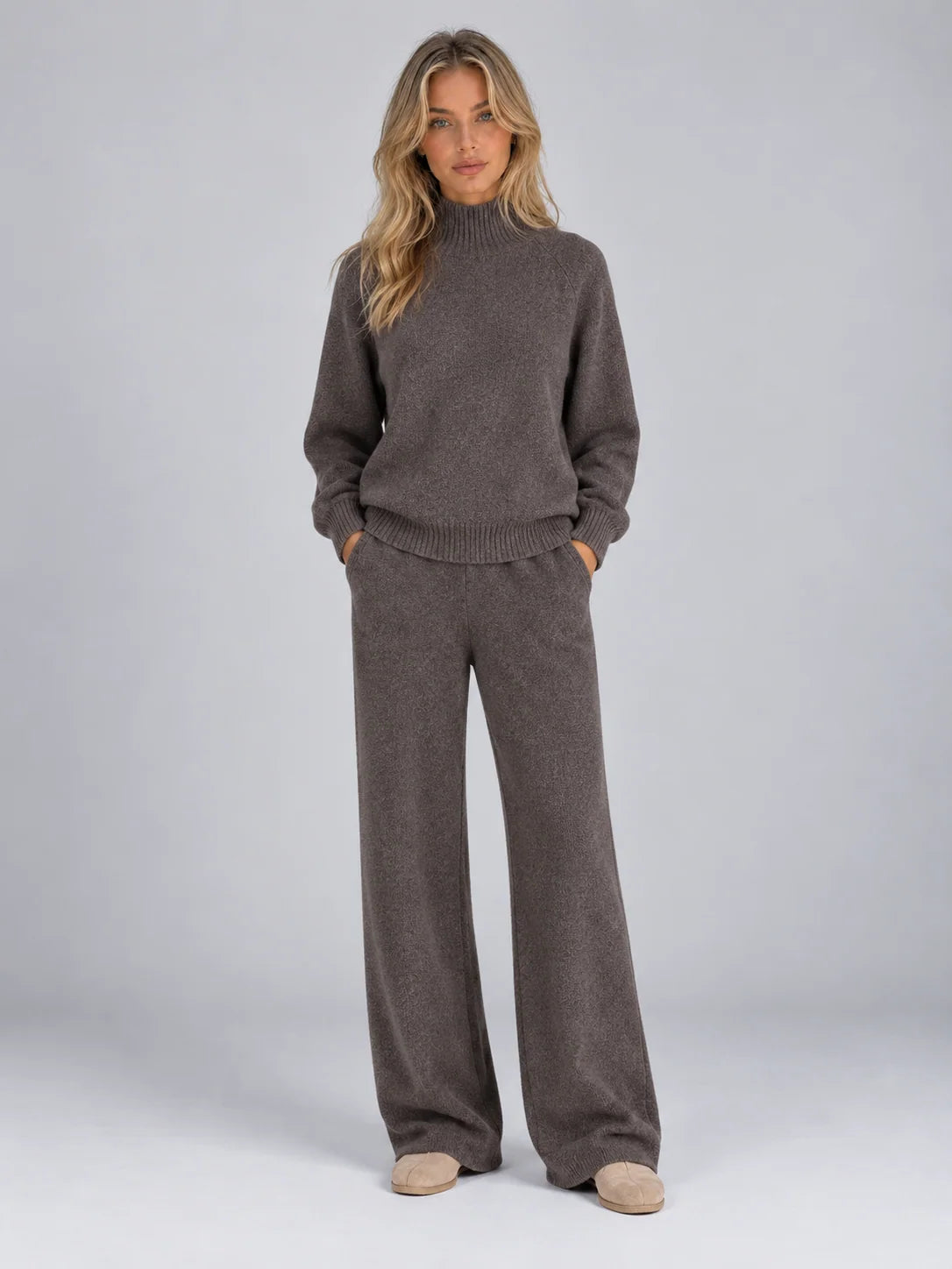 Women's wool co-ord set with roll neck jumper and wide leg trousers in brown