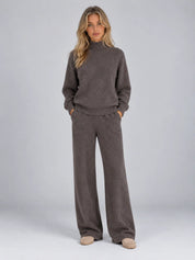 Women's wool co-ord set with roll neck jumper and wide leg trousers in brown